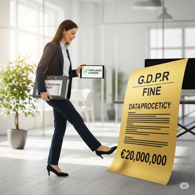 An illustration of a business owner successfully avoiding a large fine, representing GDPR compliance.