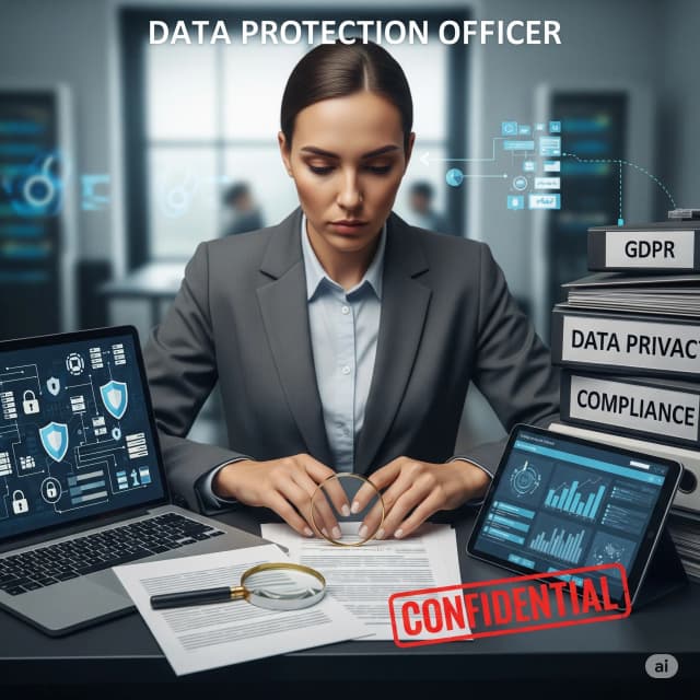 An illustration of a professional representing a Data Protection Officer (DPO) guiding a business.